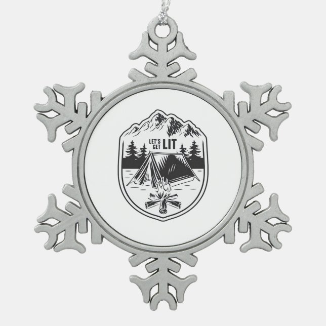 Let's Get Lit Tents Camping Classic Snowflake Pewter Christmas Ornament (Front)