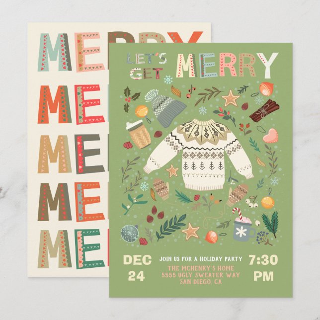 Let's Get Merry Holiday Christmas Party Sweater Invitation (Front/Back)
