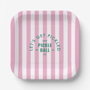 Let's Get Pickled Après Pickle Ball Pink Stripe Paper Plate