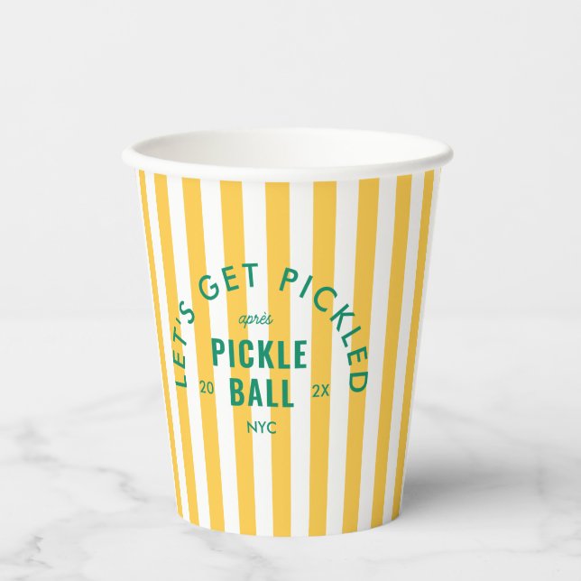 Let's Get Pickled Après Pickle Ball Yellow Stripe Paper Cups (Front)