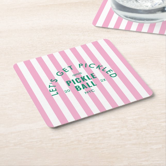 Let's Get Pickled Après Pickleball Pink Stripe Square Paper Coaster (Angled)