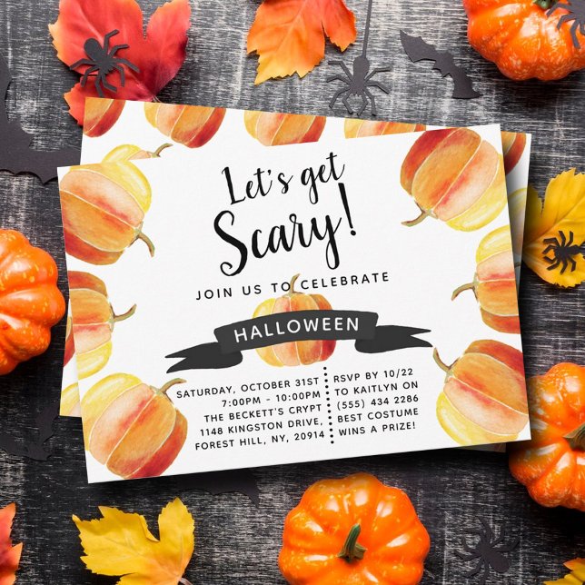 Let's Get Scary Watercolor Pumpkin Halloween Party Invitation (Creator Uploaded)