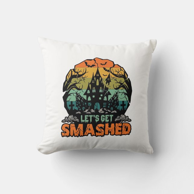 Lets Get Smashed Halloween Haunted House Sunset Ba Throw Pillow (Front)