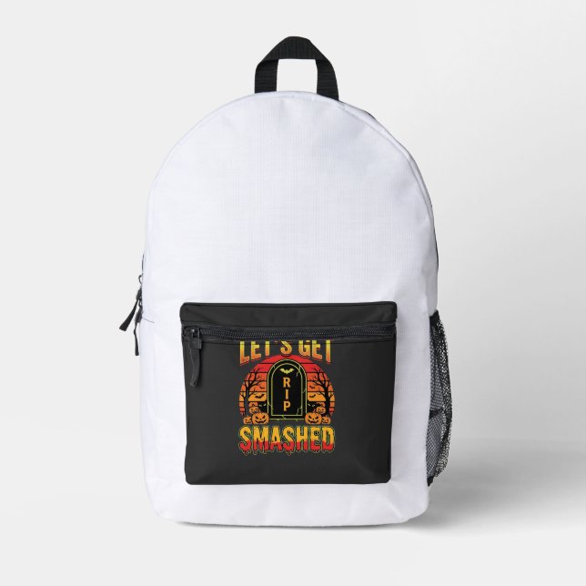 Lets Get Smashed Halloween Pumpkin Graveyard Printed Backpack (Front)