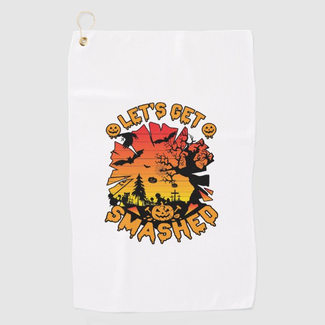 Lets Get Smashed Halloween Pumpkin Spooky Tree Bat Golf Towel (Front)