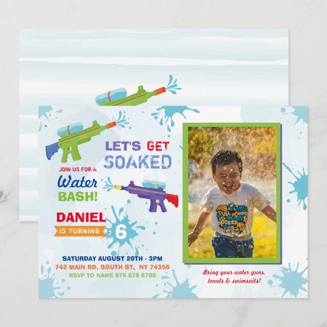 Let's get Soaked Water Gun Party Birthday Photo Invitation (Front/Back)