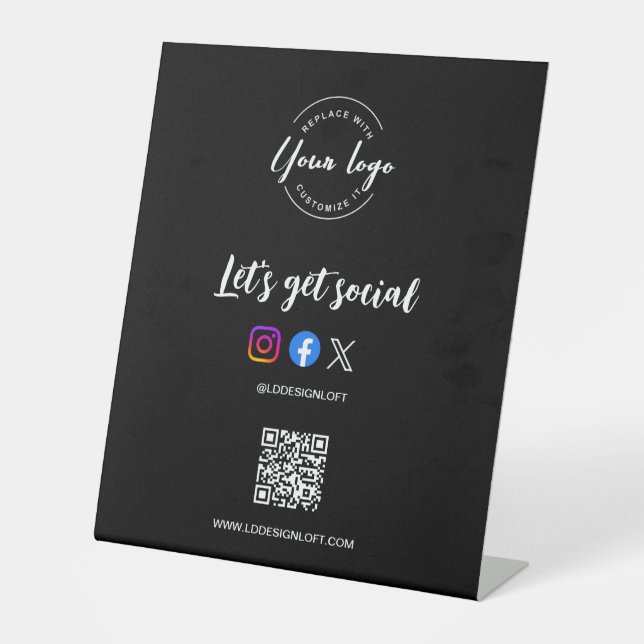 Let's Get Social Media QR code website Custom logo Pedestal Sign (Front)