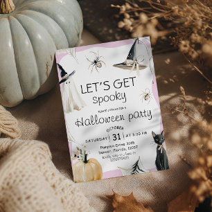 Lets Get Spooky Ghost Witch Cat Pink Invite