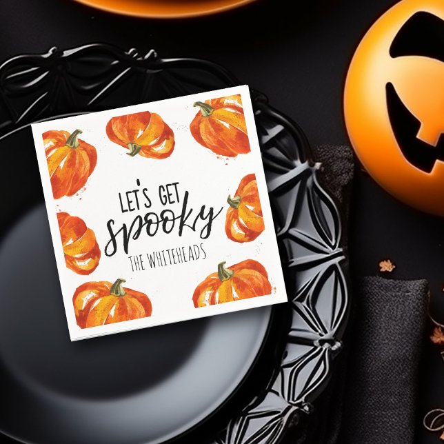 Let's get Spooky Halloween Pumpkin Napkin (Let's get spooky typography with watercolor pumpkin border napkin design for a Halloween party.)