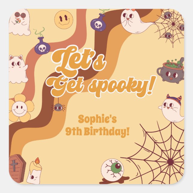 Let's get spooky halloween retro kids birthday square sticker (Front)