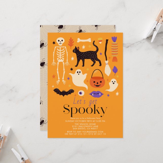 Let's Get Spooky Orange Halloween Party Invitation (Front/Back In Situ)