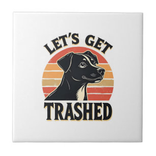 Lets Get Trashed Vintage Dog Graphic Retro Sunset  Tile