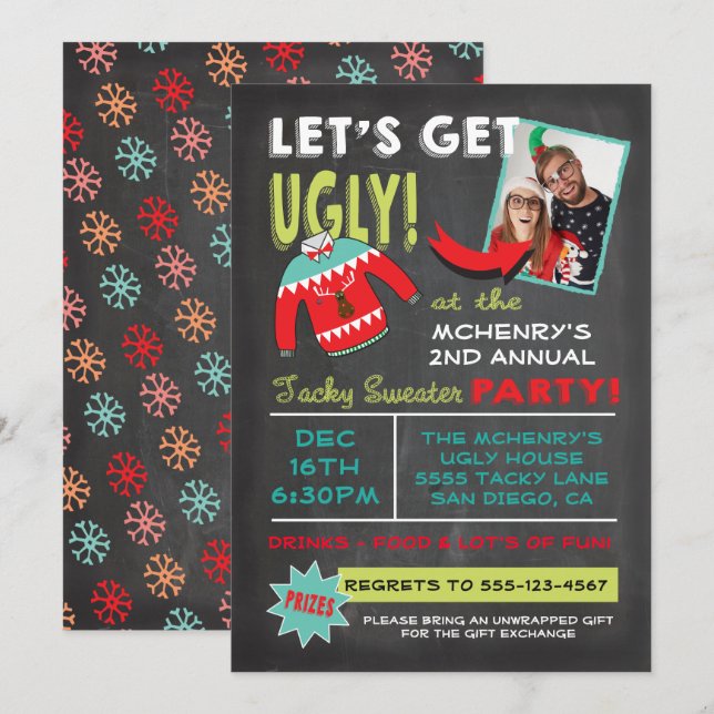 Let's Get Ugly Sweater Christmas Party chalkboard Invitation (Front/Back)