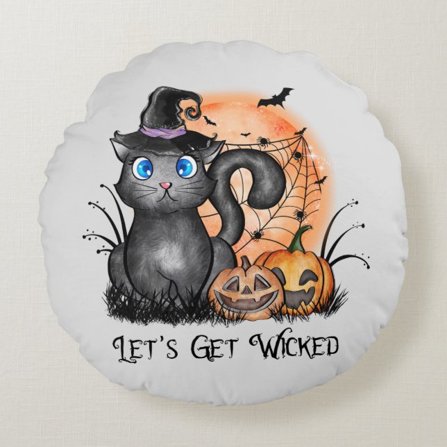 Let's Get Wicked | Black Witch Cat Round Pillow (Front)