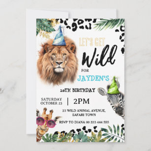 Let's Get Wild Safari Animals Birthday Party Invitation