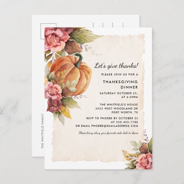 Lets Give Thanks Rustic Pumpkin Thanksgiving Invitation Postcard (Front/Back)
