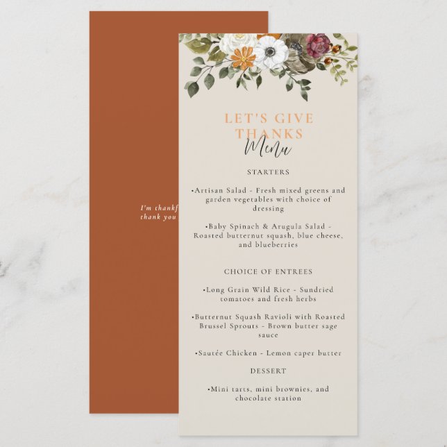Let's Give Thanks Watercolor Thanksgiving Menu (Front/Back)