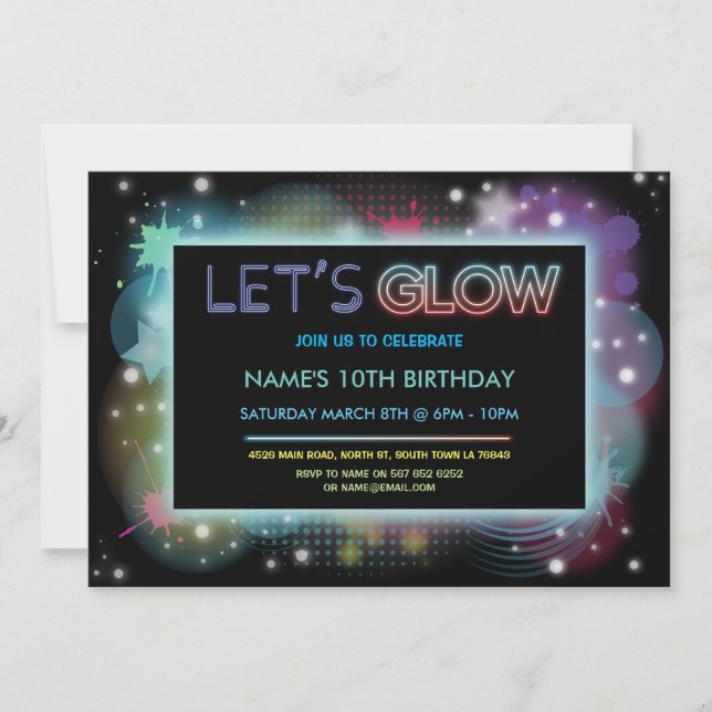 Let's Glow Birthday Party Invite Neon Blue Party (Front)