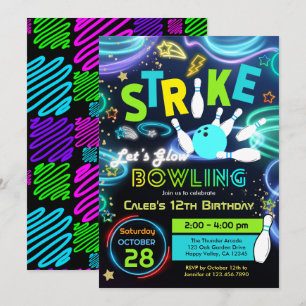 Let's Glow Bowling Kid Birthday Party Neon Colour Invitation