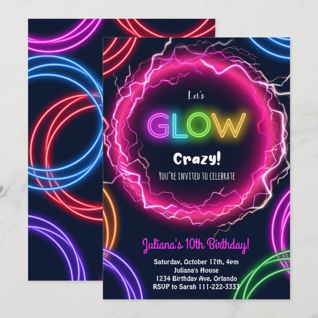 Let's Glow Crazy Birthday Invitation (Front/Back)