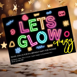 Let's glow crazy neon birthday laser party invitation