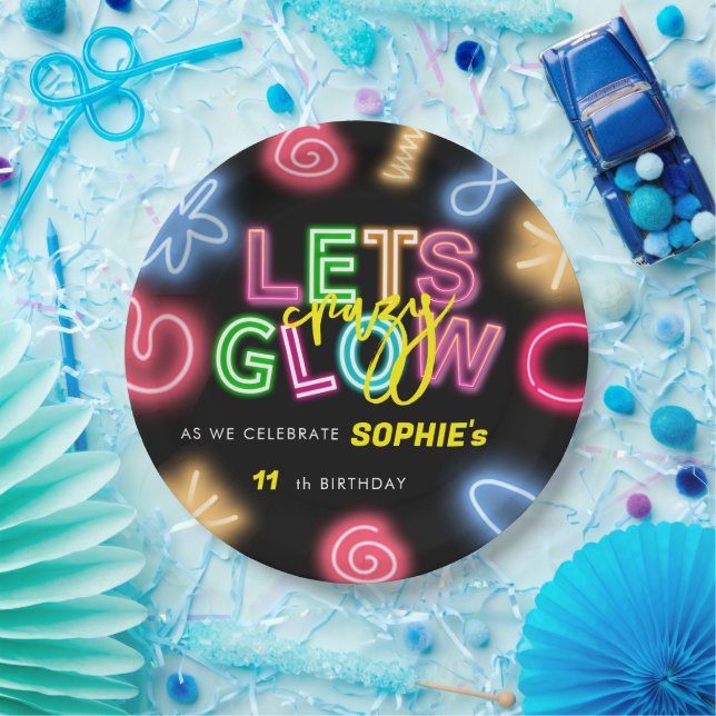 Let's glow crazy neon birthday laser party paper plate (Party)