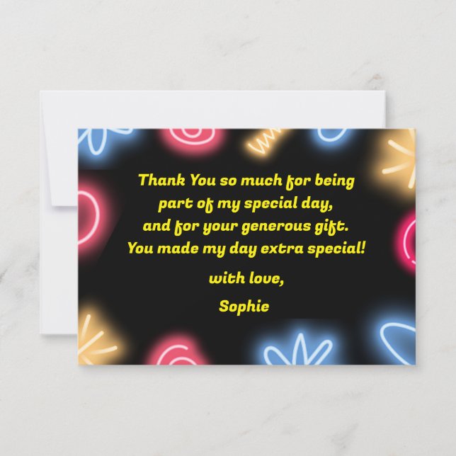 Let's glow crazy neon birthday laser party thank you card (Front)