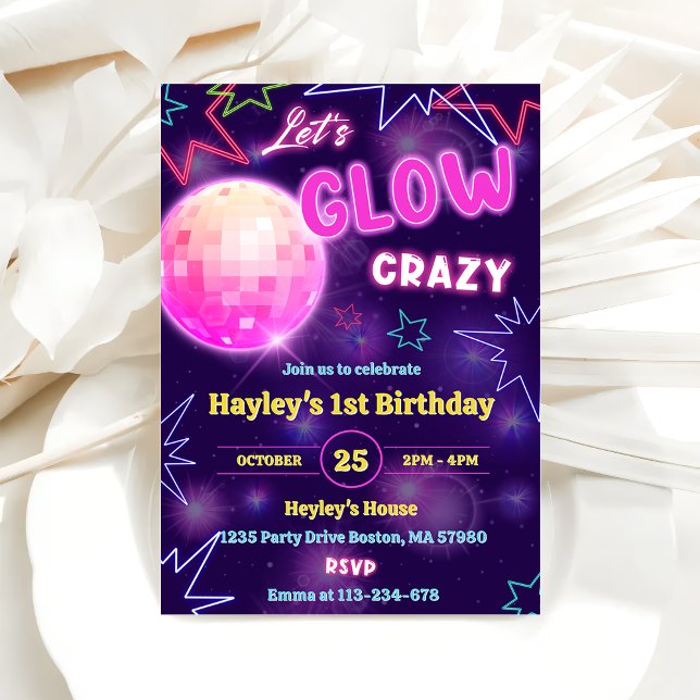 Let's GLOW Crazy Neon Colourful Birthday Party  Invitation (Creator Uploaded)