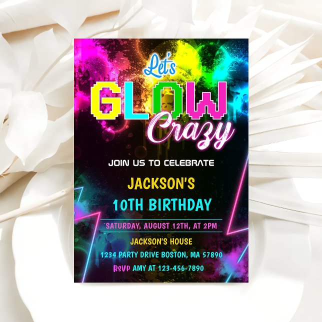 Let's GLOW Crazy Neon Colourful Birthday Party Invitation (Creator Uploaded)
