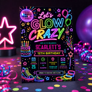 Let's Glow Crazy: Neon Disco Birthday Party Invitation