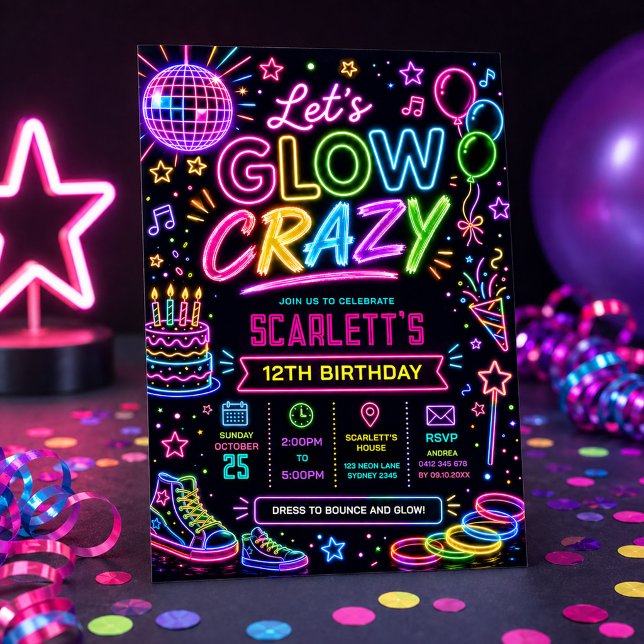 Let's Glow Crazy: Neon Disco Birthday Party Invitation (Creator Uploaded)