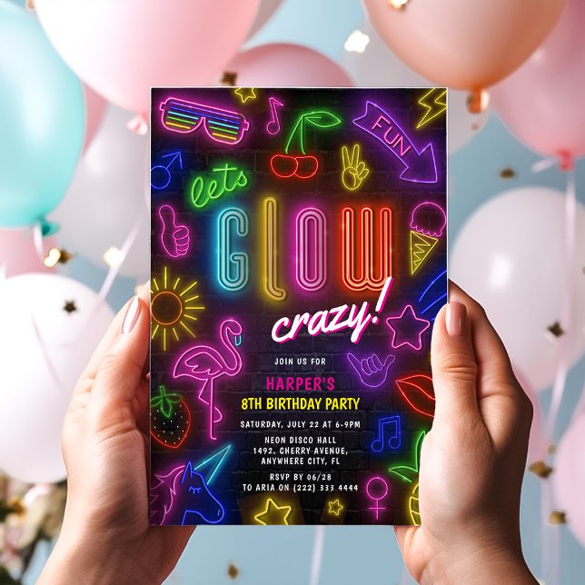 Let's GLOW Crazy' Neon glow in the dark Birthday Invitation (Creator Uploaded)