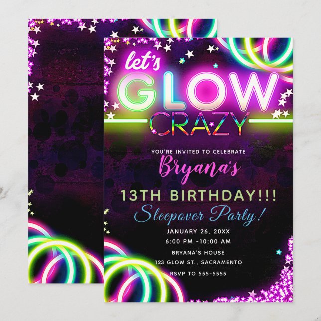Let's GLOW Crazy Neon Glowing Birthday Party Invitation (Front/Back)