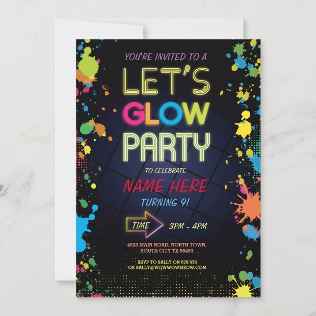 LET'S GLOW INVITE NEON PAINT KIDS BIRTHDAY PARTY (Front)