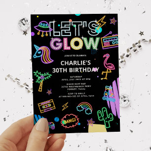 Let's Glow Millennial Retro Neon Pink Birthday Invitation