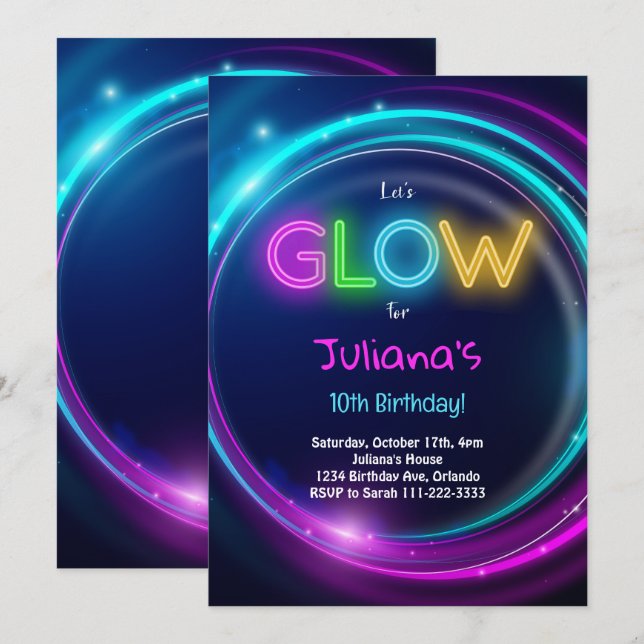Let's Glow Party Birthday Invitation (Front/Back)