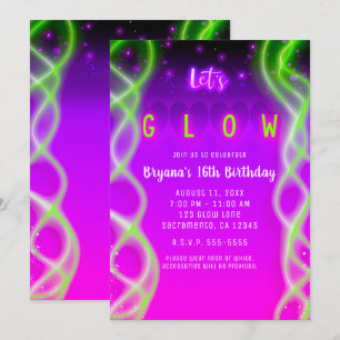 Let's Glow Purple Pink Neon Green Sweet 16 Party Invitation