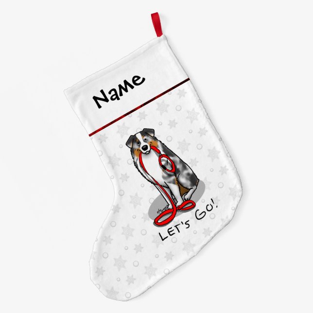 Let's Go! Australian Shepherd (blue merle tan/w 1) Large Christmas Stocking (Back (Hanging))