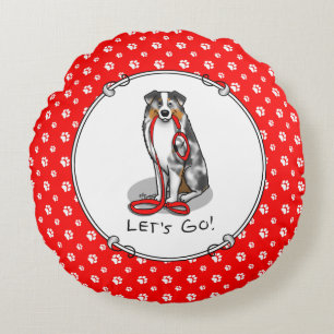 Let's Go! Australian Shepherd (blue merle tan/w 1) Round Pillow