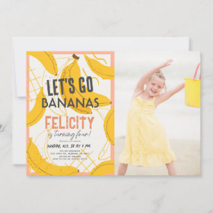 Let's Go Bananas Yellow & Pink Girl Birthday Photo Invitation