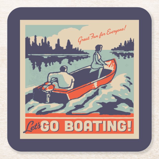 Let's Go Boating Square Paper Coaster (Front)