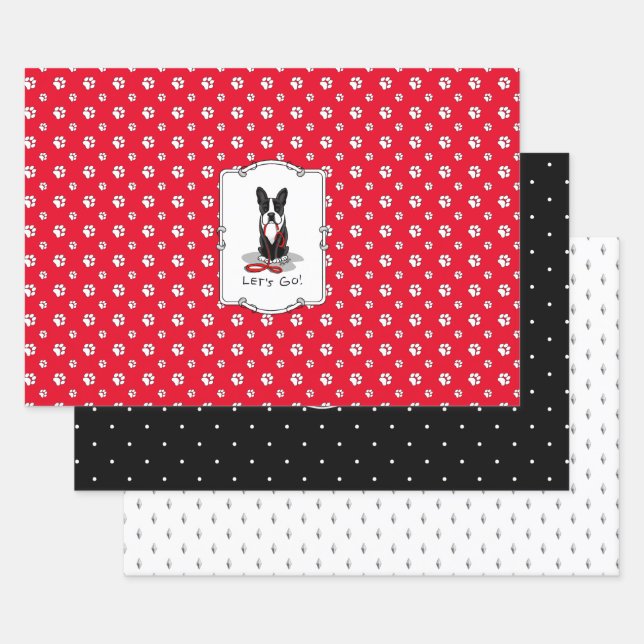 Let's Go! Boston Terrier Dog (black) Funny Wrapping Paper Sheet (Set)