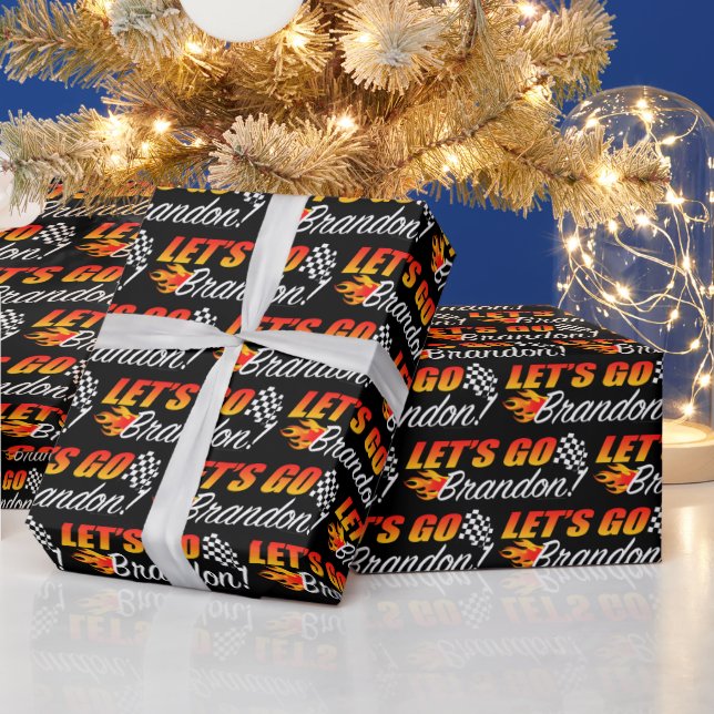 Lets Go Brandon Chequered Flag Flames Wrapping Paper (Holidays)