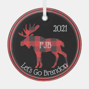 Let's Go Brandon FJB Buffalo Plaid Moose  Glass Ornament