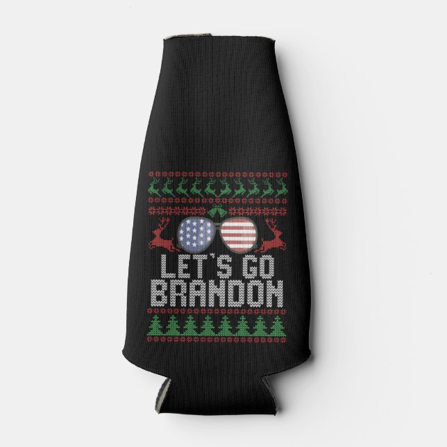 Let's go Brandon Ugly Christmas Sweater Patriotic Bottle Cooler (Front)