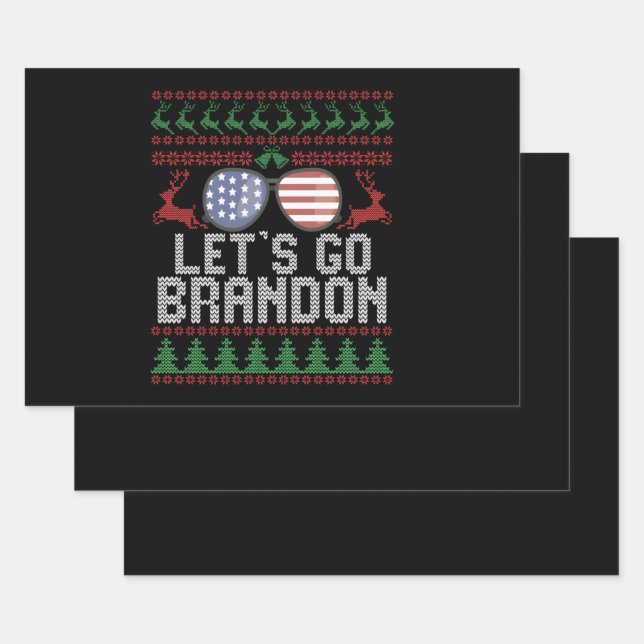 Let's go Brandon Ugly Christmas Sweater Patriotic Wrapping Paper Sheet (Set)