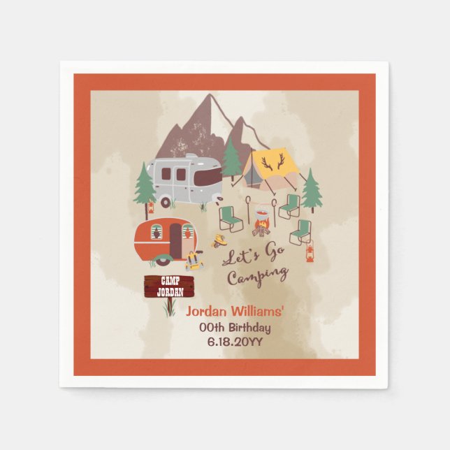 Let's Go Camping Rustic Woodsy Campground Birthday Napkin (Front)