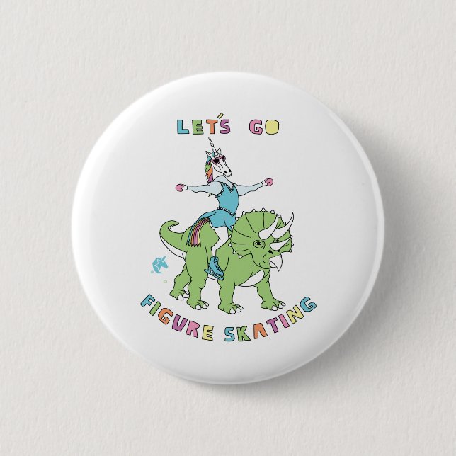 Let's Go Figure Skating Unicor Riding Dinosaur 2 Inch Round Button (Front)