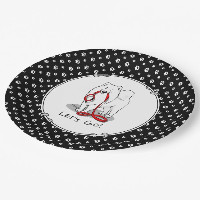Let's Go! (for a walk) Samoyed w red leash Funny Paper Plate (Angled)