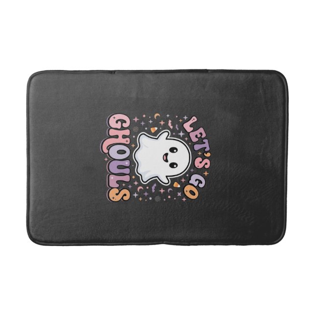 Lets Go Ghouls Cute Halloween Ghost Graphic Design Bath Mat (Front)